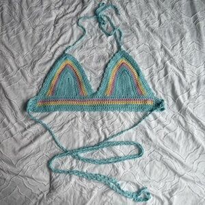 Shein Colorful Rainbow Blue Pink Yellow Crochet Bikini Crop Top Wrap Tie